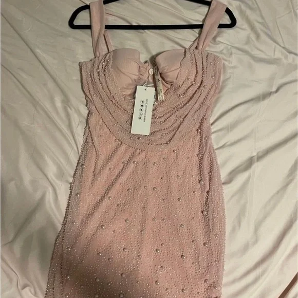 oh polly pink dress slinky plunging v-neck cap sleeve twist detail mini in Bandeau neck Oh Polly | Dresses |